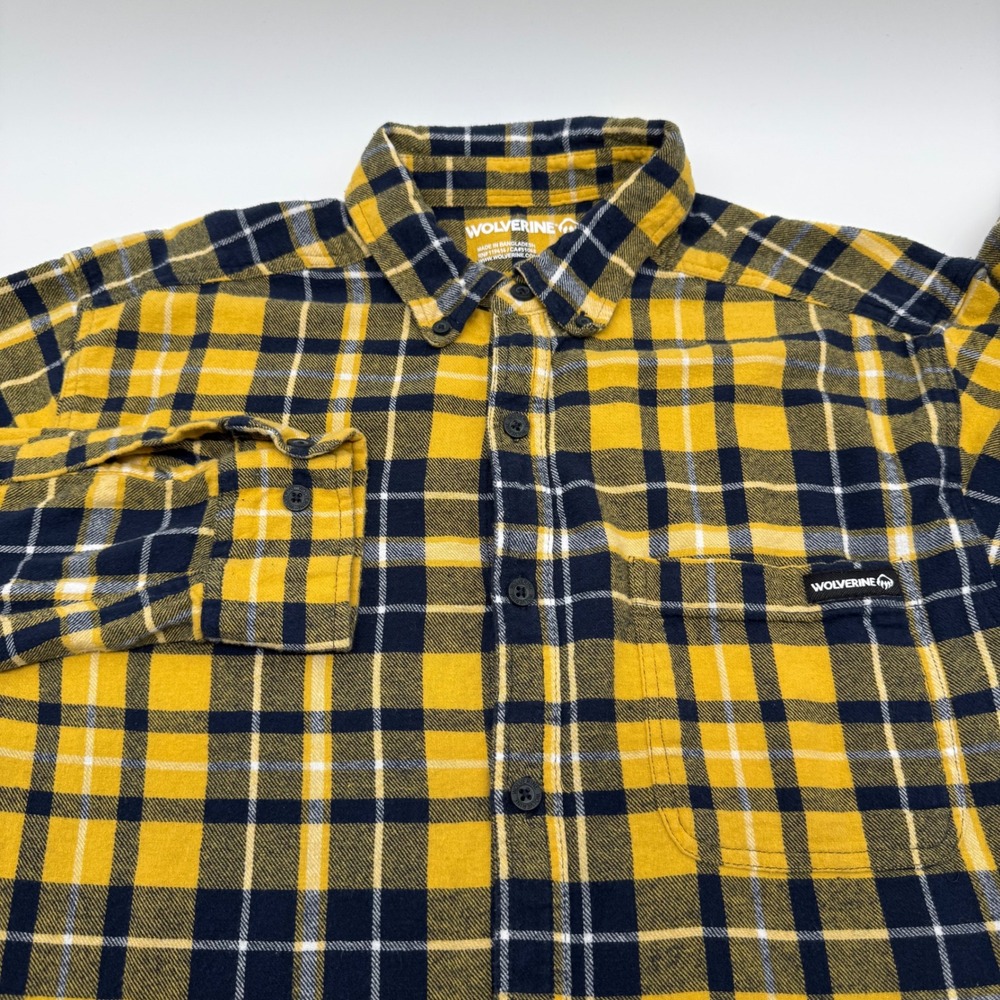 Wolverine Mens Yellow Navy Blue Plaid Flannel Button Down Shirt Large